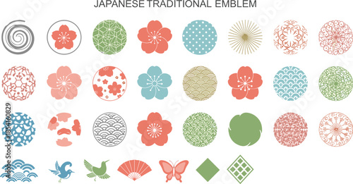 Japanese traditional Kamon emblem set, colorful family crests, floral and geometric motifs, cultural heritage symbols, flat vector illustration
