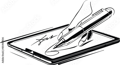 Digital Signature with Pen: An illustration depicts a hand using a stylus to digitally sign a document on a tablet, symbolizing modern methods.