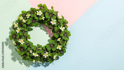 Realistic Shamrock Wreath Flat Lay on Pastel Background with Copy Space