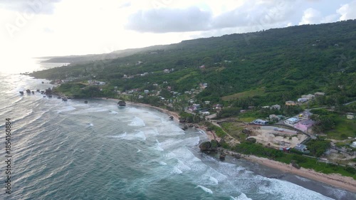Bathsheba Beach aerial view including mushroom rock in village of Bathsheba, Saint Joseph, Barbados. 