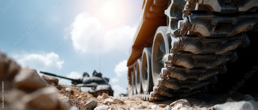 Fototapeta premium Close-up view of the track system on an old Soviet tank against a blue sky with bright lighting showcasing metalwork textures