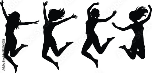 Silhouettes of expressive jumping figures, black dancers in motion, joyful movement, dynamic posture, celebration gesture, white background, airborne pose, energy