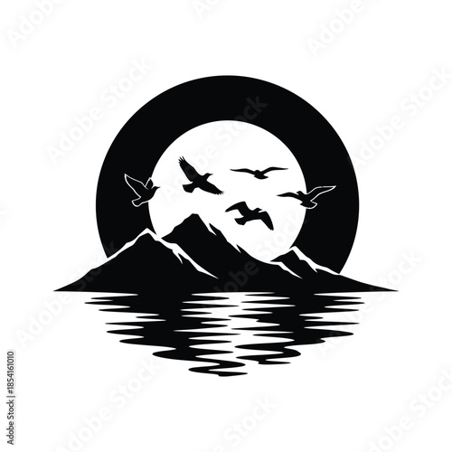 Moonlit Birds Flying Over Water silhouette vector art illustration