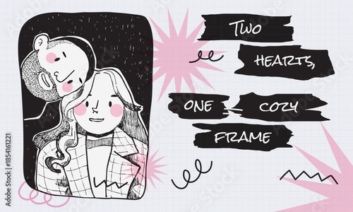 Cute illustrated hand drawn textured couple with blush cheeks and a romantic quote on a playful pink and black background