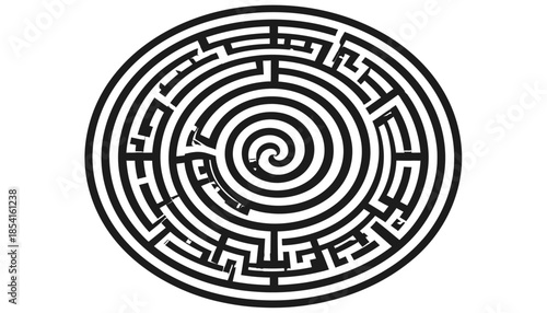 Circular maze design on white background representing challenge and complexity.