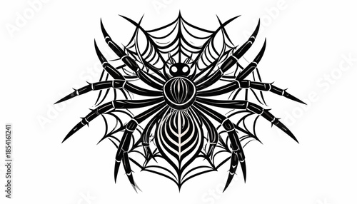 Black spider with web vector illustration on white background.