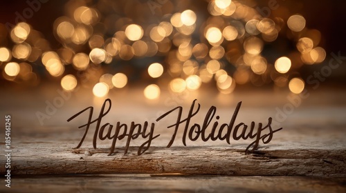 Warm glowing bokeh lights create a magical festive atmosphere behind the words happy holidays on a rustic wooden surface