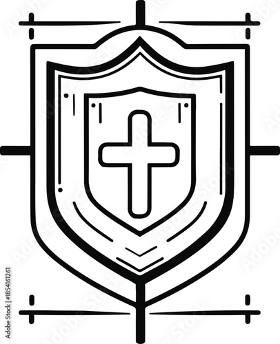 Faithful Shield of Protection: A graphic image presents a shield with a prominent Christian cross at its center. The intricate design symbolizes protection, faith, and the enduring strength of belief.
