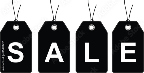 Sale word on black price tags with strings isolated on white background for retail