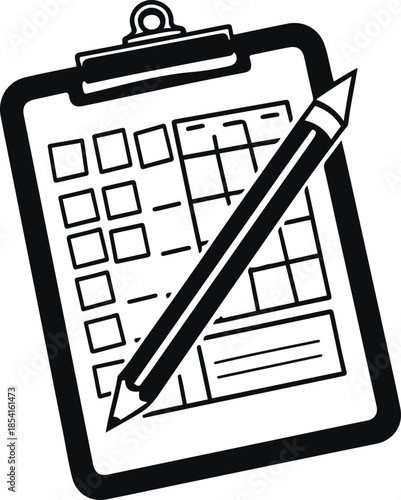 Clipboard and Pencil: A crisp, minimalist illustration of a clipboard, featuring a detailed grid for information input, complemented by a neatly placed pencil ready for writing.