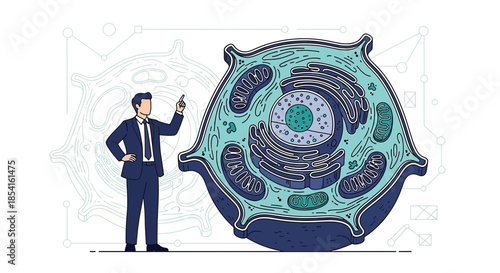 Businessman Explaining Cellular Structure with Detailed Anatomical Illustration Biology Concept