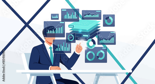 Businessman interacting with projected business data visualization and analytics tools