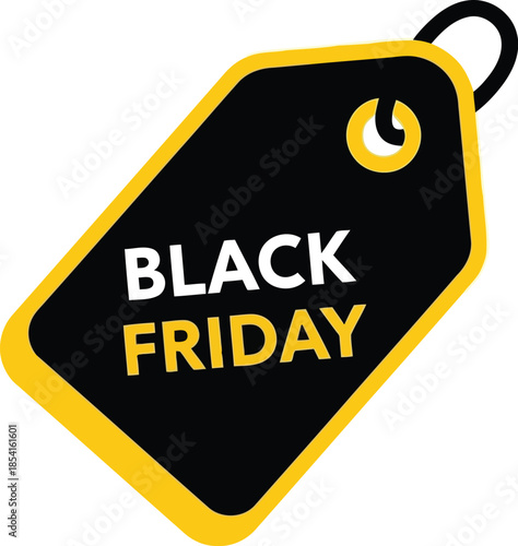 Black and yellow price tag with Black Friday text, angled presentation for sales promotion
