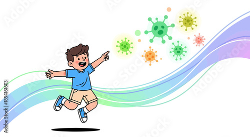 Cartoon illustration showcasing a happy child interacting with stylized virus particles with waves