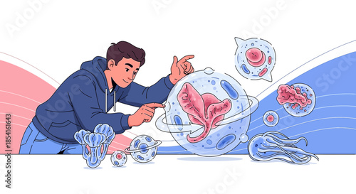 Cartoon illustration of a young researcher exploring imaginative cellular structures and