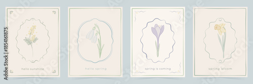 Hand drawn spring greeting cards with flower.