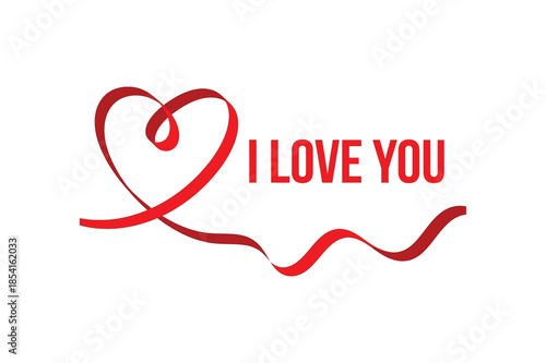 Red heart ribbon with I love you text on white background valentine