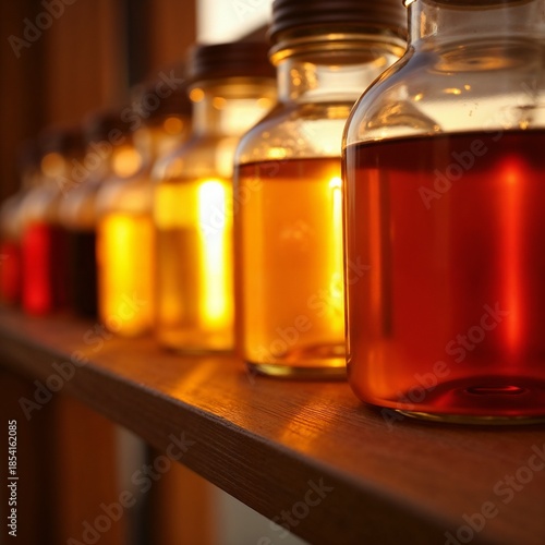 Amber apothecary glass jars in a cinematic photography style with warm golden and honey colors representing natural wellness and essential oil storage.