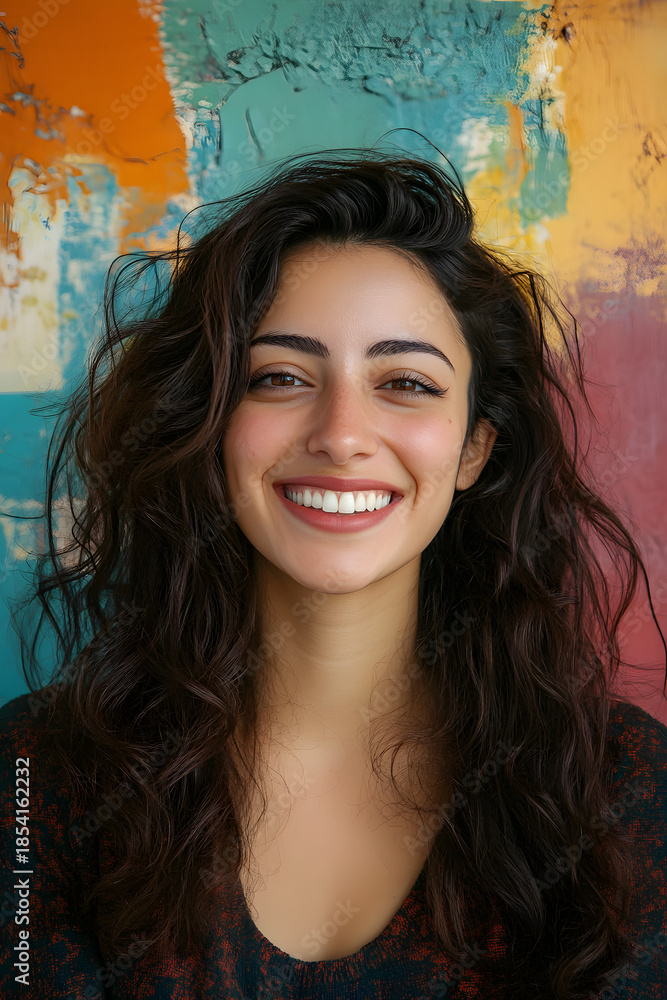 Fototapeta premium Joyful Middle-Eastern woman smiling against a colored background