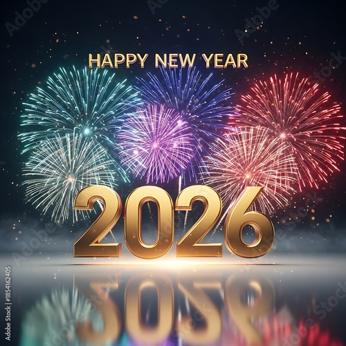 Happy New Year 2026 Swirling Golden Ribbons Fireworks Celebration Background