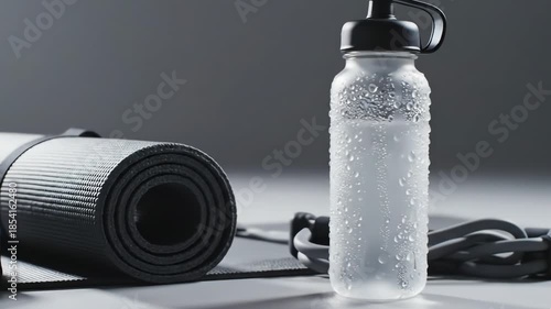Fitness equipment for a healthy lifestyle and workout routine on grey background