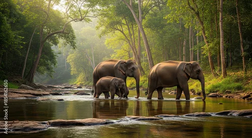 Obraz Asian Elephant Family Crossing Forest River