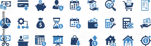 Collection of various two-tone blue and white finance and business icons representing concepts like saving investment money management planning and calculation