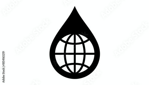 A simple graphic illustration of a water drop with a globe inside, isolated on white.