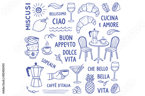 set of Italian Vacation icons,
Italian Vacation Vector Illustrations – Hand-Drawn Chalk & Charcoal Food, Coffee & Lettering Doodles