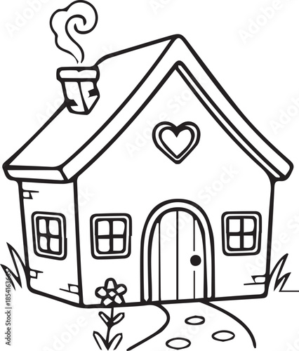 cute house coloring page for kids featuring a cozy cottage with a heart window, a smoking chimney, and a garden path.