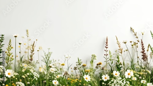 A vibrant display of wildflowers and grasses creates a natural and serene backdrop against a white background.