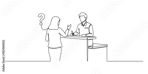 Continuous one line of a customer asking a question to an information desk, representing help and information service, hand drawn vector illustration.