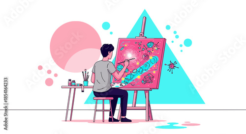 Creative Artist Abstractly Painting Galaxy Artwork on Easel in Studio Space