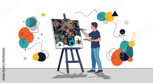 Creative expression artist meticulously paints abstract artwork on a canvas filled with energy