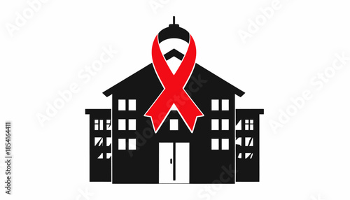 Silhouette of a school building with a red ribbon, symbolizing AIDS awareness and education.
