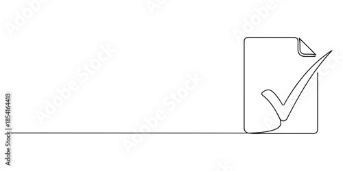 Continuous one line of a document with check mark, representing verified information service, hand drawn vector illustration.
