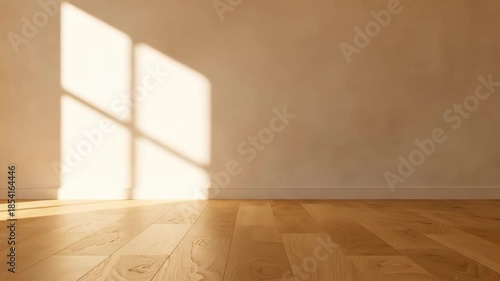 Bright empty room with natural sunlight and shadow on a wooden floor