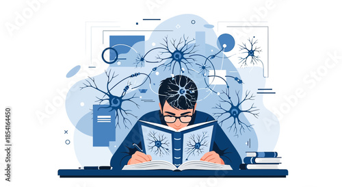 Deep Learning: Illustration of a man immersed in studying neural networks and neuroscience