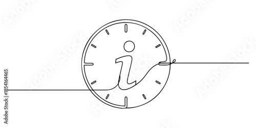 Continuous one line of a clock combined with information icon, representing fast information delivery, hand drawn vector illustration.