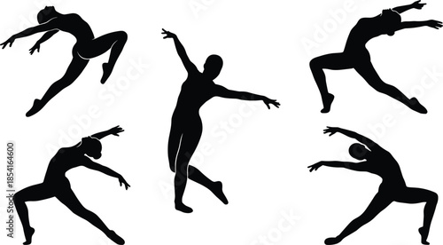 Silhouettes of dancers in expressive poses, black figures, airborne movement, graceful posture, dynamic gesture, dance emotion, white background, artistic reference