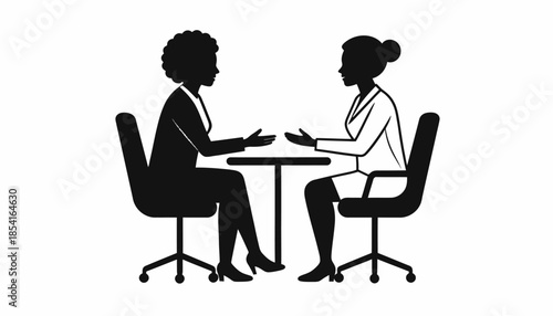 Business meeting between two women in a conference room, vector illustration.