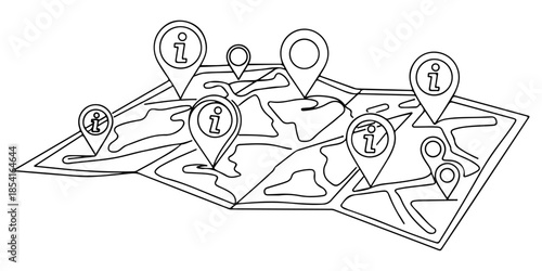 Continuous one line of a map with information pins, representing location based information service, hand drawn vector illustration.