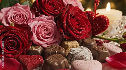 Luxurious display of fresh roses and artisan chocolates with soft candlelight