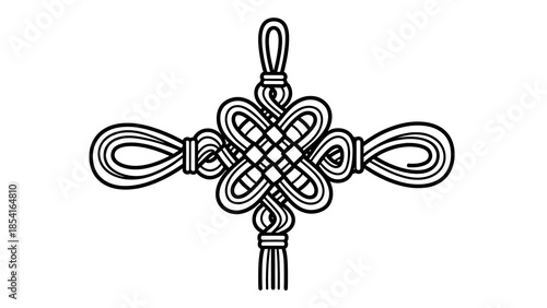 Black and white line art illustration of a traditional Chinese knot.