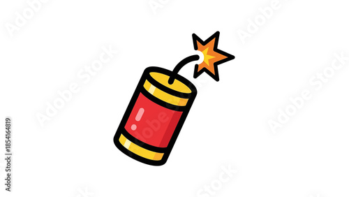 Cartoon firecracker with a lit fuse and spark icon.