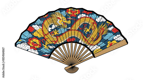 Colorful Chinese folding hand fan with a golden dragon illustration.