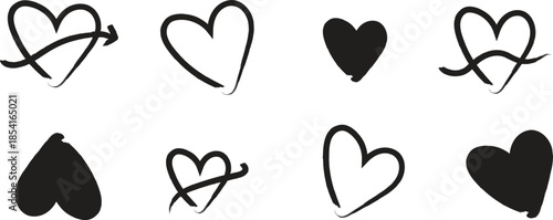 A collection of eight hand drawn heart shapes in black on a white background