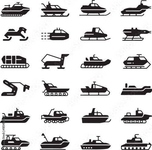 Collection of various snow vehicles and heavy machinery icons isolated