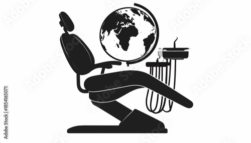 Dental chair with globe, vector illustration for international dentistry concept.