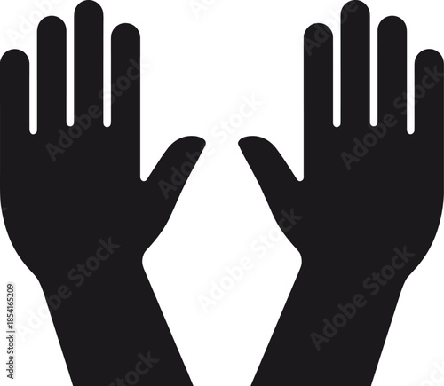 Silhouettes of human hands raised, black figures, fingers spread, gesture of openness, symmetrical palms, instructional pose, white background, hand recognition reference